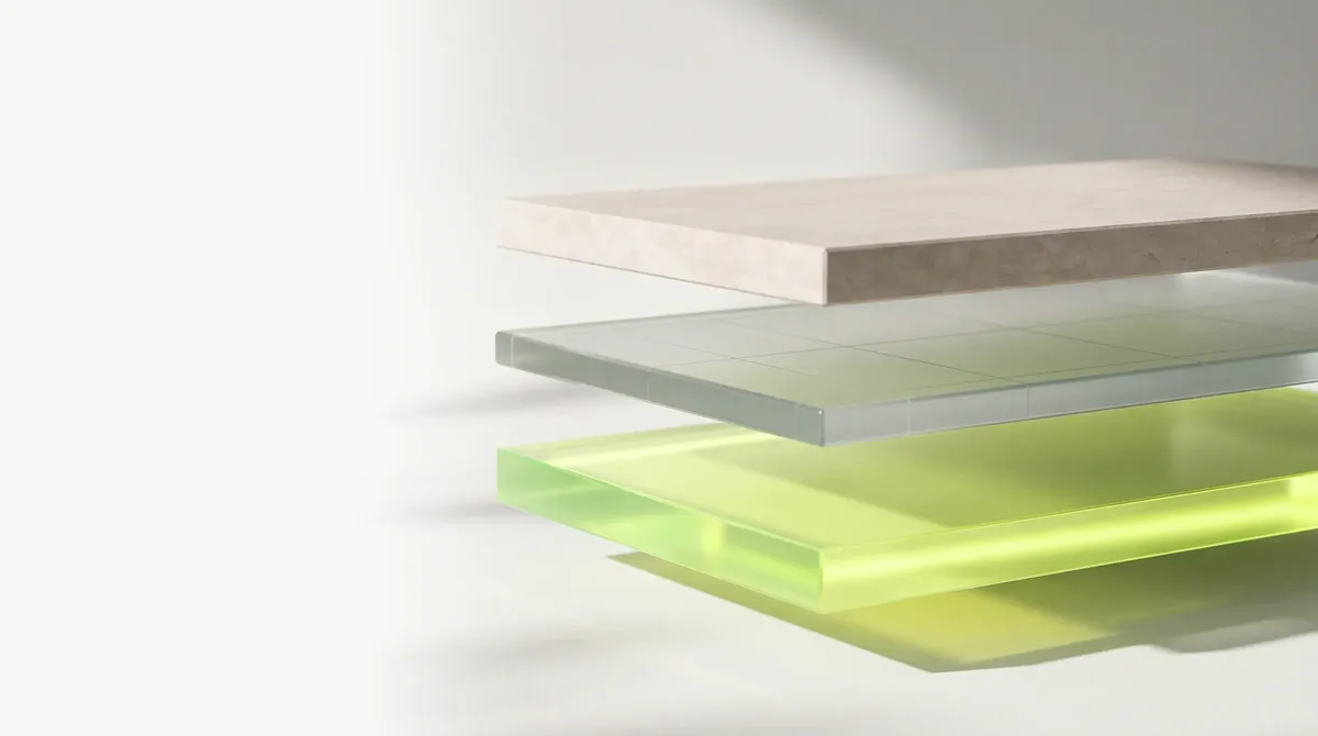 Three slabs stacked and floating: stone, glass and a lime layer, the parts a platform is built from