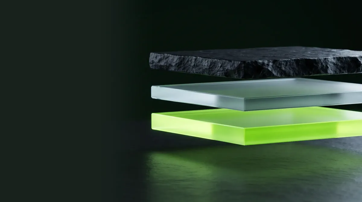 Three slabs floating in the dark: rough stone, frosted glass and a lime layer
