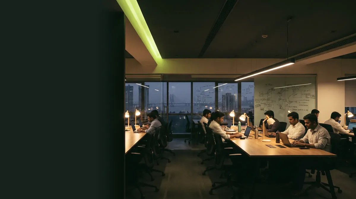 An office floor at night, screens lit, a team still at work